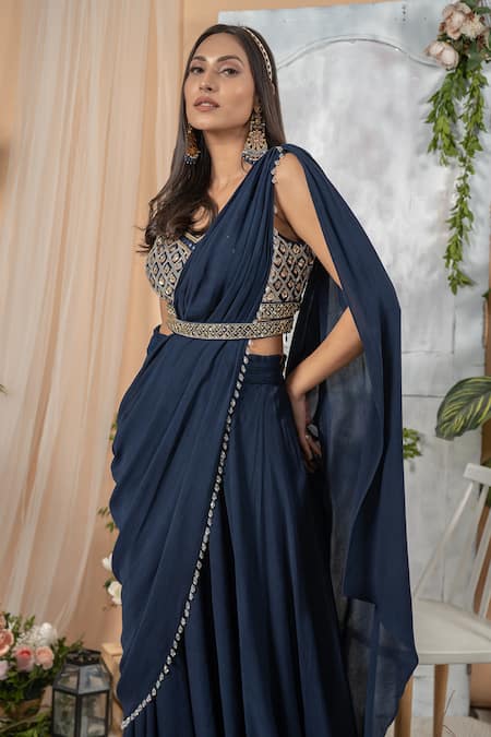Buy Tamaraa By Tahani Blue Georgette V Neck Draped Lehenga Saree With Blouse Online at Aza Fashions Buy_Tamaraa By Tahani_Blue Georgette V Neck Draped Lehenga Saree With Blouse _Online_at_Aza_Fashions