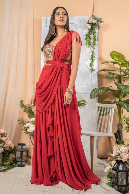 Buy_Tamaraa By Tahani_Red Georgette V Neck Embellished Ruffle Saree With Blouse _Online_at_Aza_Fashions