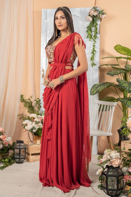 Tamaraa By Tahani_Red Georgette V Neck Embellished Ruffle Saree With Blouse _Online_at_Aza_Fashions