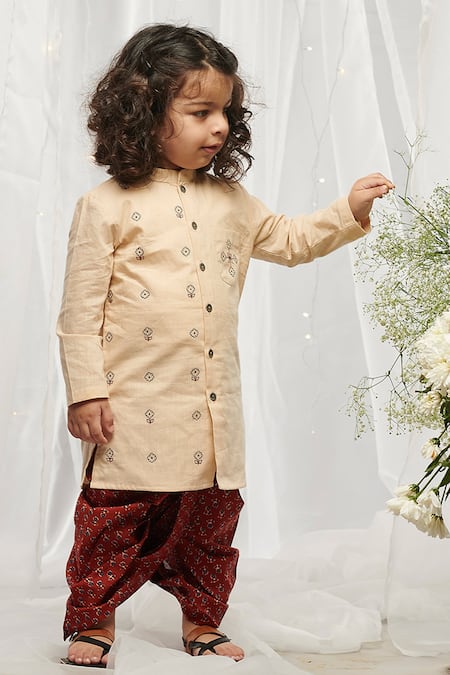 Tiber Taber Peach Embroidered Kurta & Red Dhoti Pant Set 
