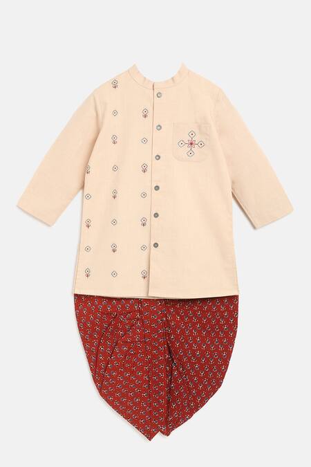 Tiber Taber_Peach Cotton, Voile Embroidery Kurta And Red Dhoti Pant Set_Online_at_Aza_Fashions
