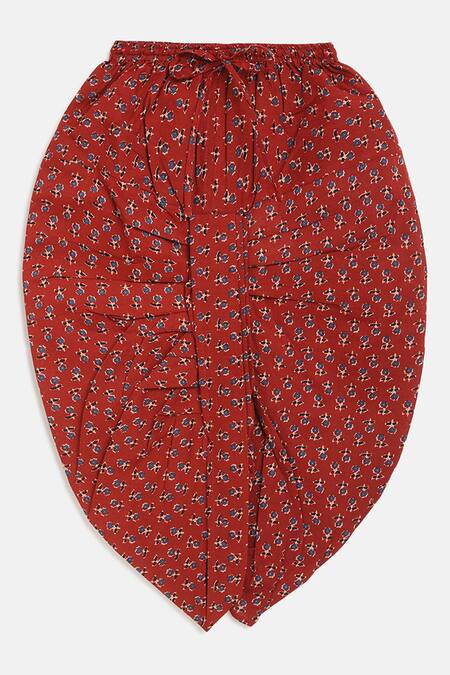 Shop_Tiber Taber_Peach Cotton, Voile Embroidery Kurta And Red Dhoti Pant Set_Online_at_Aza_Fashions