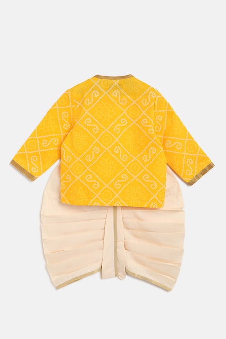 Shop Tiber Taber Yellow Cotton, Voile Embroidery Bandhani Kurta And Dhoti Pant Set at Aza Fashions Shop_Tiber Taber_Yellow Cotton, Voile Embroidery Bandhani Kurta And Dhoti Pant Set _at_Aza_Fashions