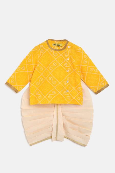 Tiber Taber Yellow Cotton, Voile Embroidery Bandhani Kurta And Dhoti Pant Set Online at Aza Fashions Tiber Taber_Yellow Cotton, Voile Embroidery Bandhani Kurta And Dhoti Pant Set _Online_at_Aza_Fashions