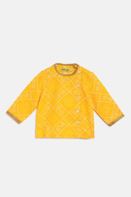 Shop Tiber Taber Yellow Cotton, Voile Embroidery Bandhani Kurta And Dhoti Pant Set Online at Aza Fashions Shop_Tiber Taber_Yellow Cotton, Voile Embroidery Bandhani Kurta And Dhoti Pant Set _Online_at_Aza_Fashions