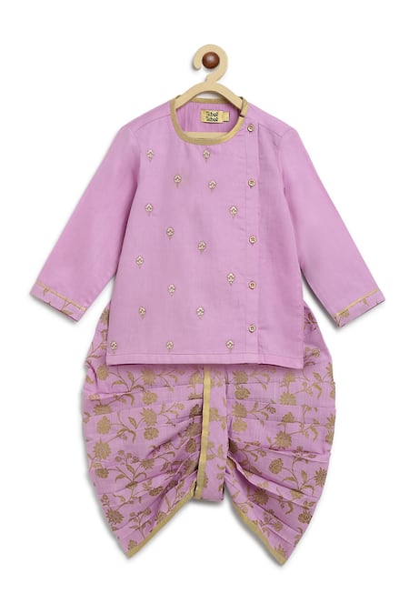 Tiber Taber_Purple Satin, Embroidery Floral Kurta Set _Online_at_Aza_Fashions