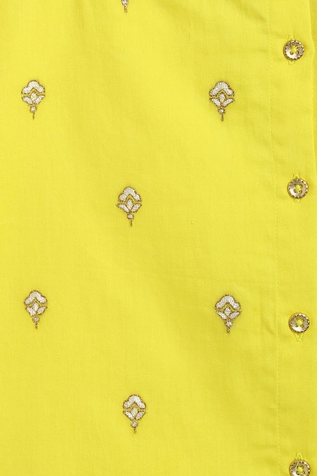 Tiber Taber_Yellow Satin, Embroidery Floral Kurta Set _at_Aza_Fashions