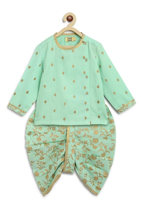 Tiber Taber_Green Satin, Embroidery Floral Kurta Set _Online_at_Aza_Fashions