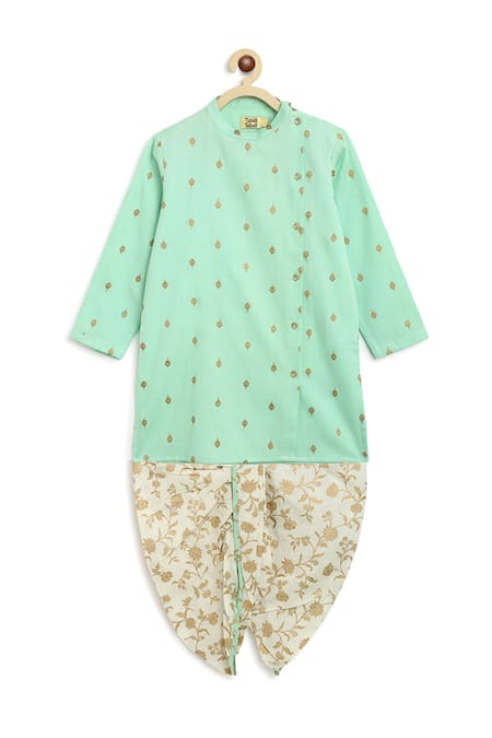 Tiber Taber_Green Satin, Floral Print Kurta Set _Online_at_Aza_Fashions