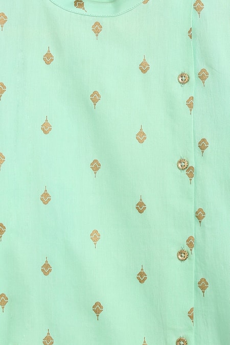 Tiber Taber_Green Satin, Floral Print Kurta Set _at_Aza_Fashions