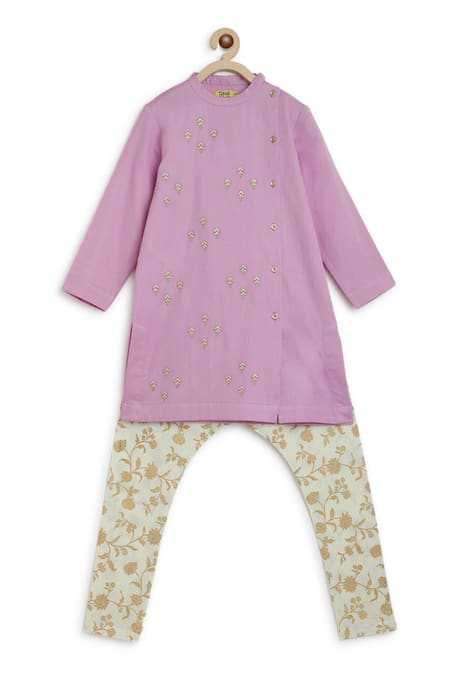 Tiber Taber_Purple Satin, Embroidery Floral Kurta Set _Online_at_Aza_Fashions