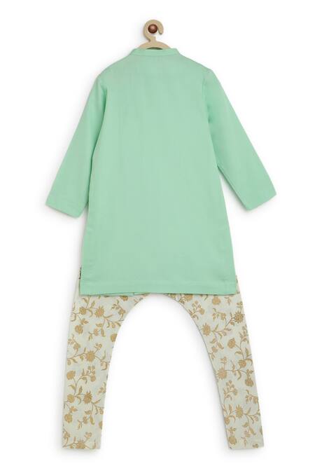 Shop_Tiber Taber_Green Satin, Embroidery Floral Kurta Set _at_Aza_Fashions