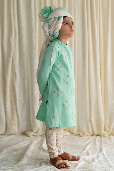 Tiber Taber_Green Satin, Embroidery Floral Kurta Set _Online_at_Aza_Fashions