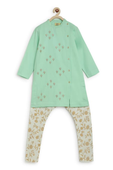 Buy_Tiber Taber_Green Satin, Embroidery Floral Kurta Set _Online_at_Aza_Fashions