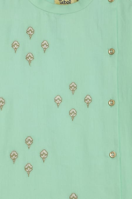 Tiber Taber_Green Satin, Embroidery Floral Kurta Set _at_Aza_Fashions