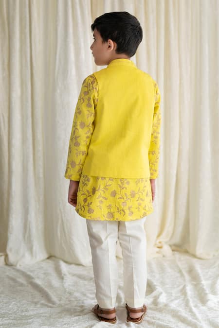 Shop Tiber Taber Yellow Satin, Embroidery, Metallic Thread Bundi And Kurta Set at Aza Fashions Shop_Tiber Taber_Yellow Satin, Embroidery, Metallic Thread Bundi And Kurta Set _at_Aza_Fashions