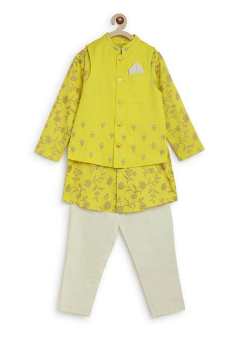 Tiber Taber Yellow Satin, Embroidery, Metallic Thread Bundi And Kurta Set Online at Aza Fashions Tiber Taber_Yellow Satin, Embroidery, Metallic Thread Bundi And Kurta Set _Online_at_Aza_Fashions