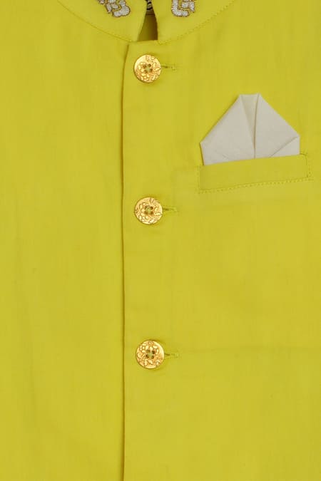 Tiber Taber Yellow Satin, Embroidery, Metallic Thread Bundi And Kurta Set at Aza Fashions Tiber Taber_Yellow Satin, Embroidery, Metallic Thread Bundi And Kurta Set _at_Aza_Fashions