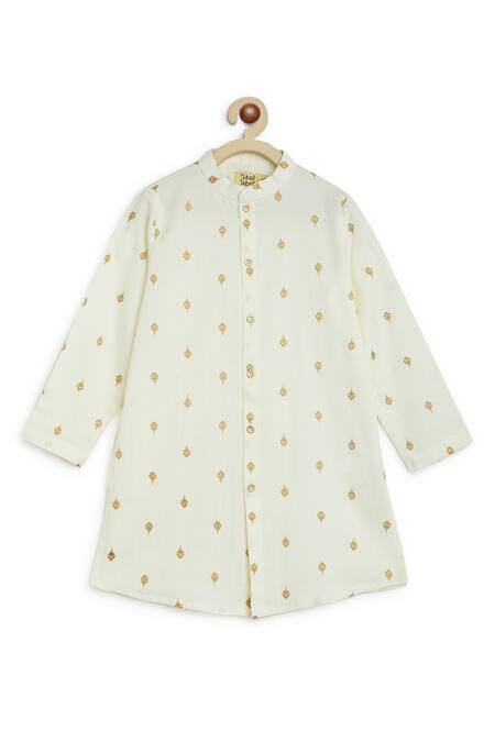 Tiber Taber_Cream Cotton Satin Embroidery Floral Print Bundi Kurta Set _Online_at_Aza_Fashions