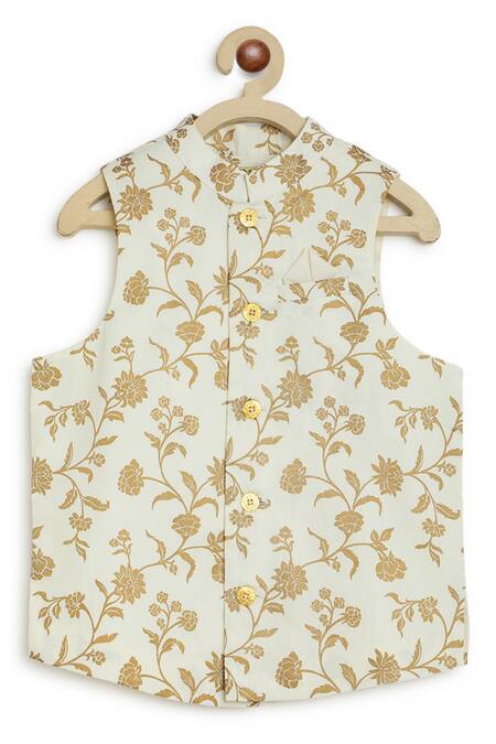 Buy_Tiber Taber_Cream Cotton Satin Embroidery Floral Print Bundi Kurta Set _Online_at_Aza_Fashions