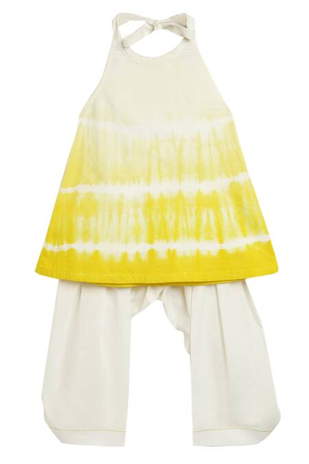 Tiber Taber_White Cotton Tassels Shibori Dye Halter Tunic Set_Online_at_Aza_Fashions