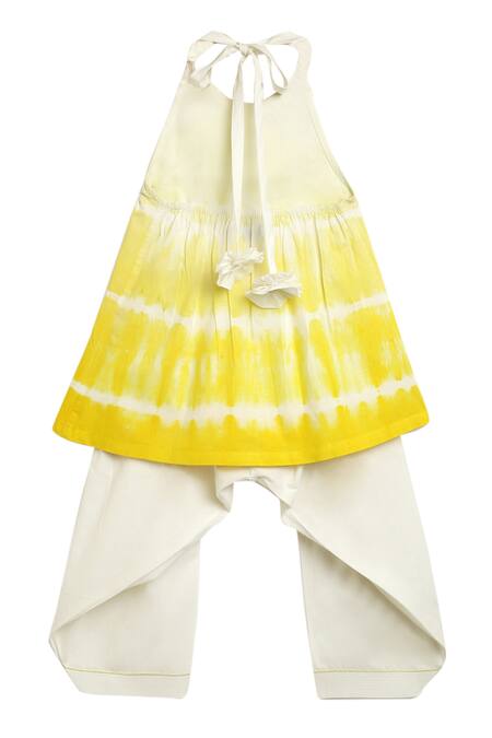 Buy_Tiber Taber_White Cotton Tassels Shibori Dye Halter Tunic Set_Online_at_Aza_Fashions