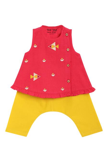 Tiber Taber_Pink Cotton Phulkari Overlap Kurta And Pant Set _Online_at_Aza_Fashions