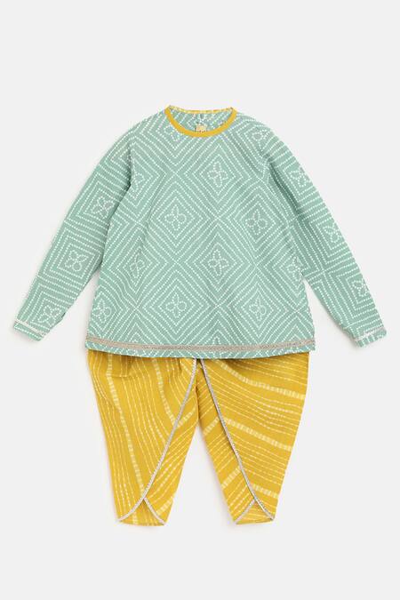 Tiber Taber_Green Cotton, Voile Lace Printed Kurta And Dhoti Pant Set_Online_at_Aza_Fashions