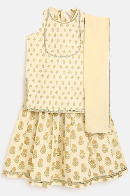 Tiber Taber_Beige Cotton, Viscose Zari, Lace Printed Lehenga Set_Online_at_Aza_Fashions