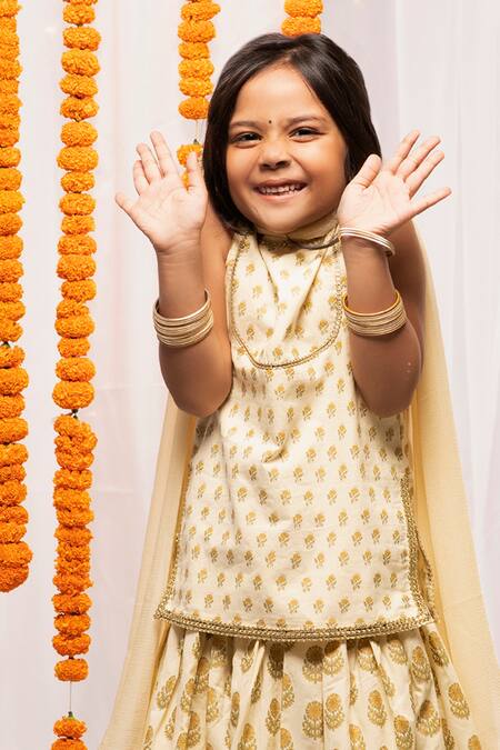 Buy_Tiber Taber_Beige Cotton, Viscose Zari, Lace Printed Lehenga Set_Online_at_Aza_Fashions