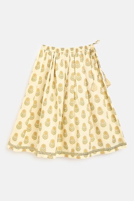 Shop_Tiber Taber_Beige Cotton, Viscose Zari, Lace Printed Lehenga Set_Online_at_Aza_Fashions