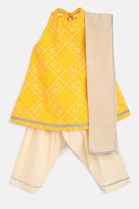 Tiber Taber_Yellow Cotton, Viscose, Chiffon Lace Bandhani Kurta Set_Online_at_Aza_Fashions