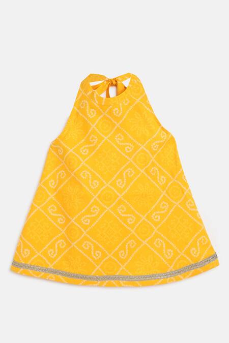 Shop_Tiber Taber_Yellow Cotton, Viscose, Chiffon Lace Bandhani Kurta Set_Online_at_Aza_Fashions