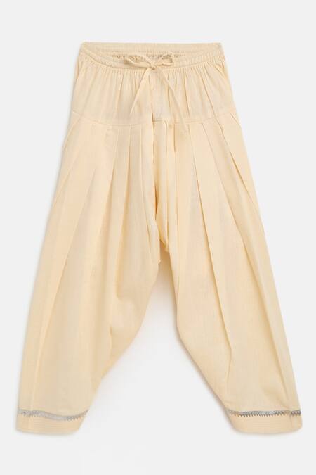 Tiber Taber_Yellow Cotton, Viscose, Chiffon Lace Bandhani Kurta Set_at_Aza_Fashions