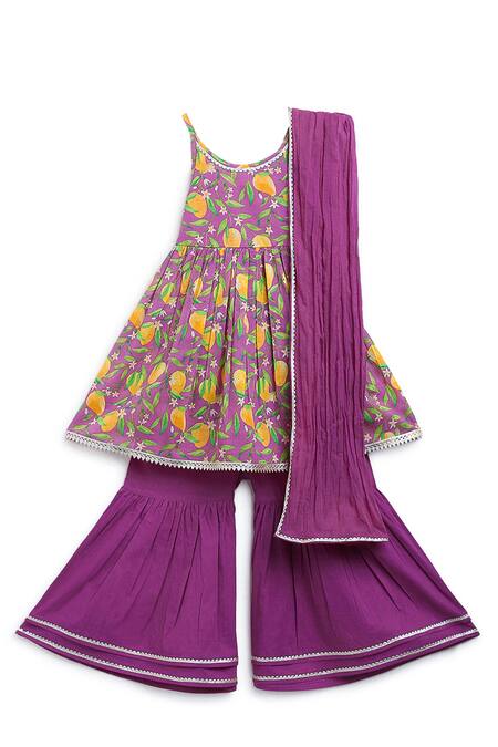 Shop Tiber Taber Purple Cotton, Voile Lace Mango Print Kurta Sharara Set at Aza Fashions Shop_Tiber Taber_Purple Cotton, Voile Lace Mango Print Kurta Sharara Set_at_Aza_Fashions