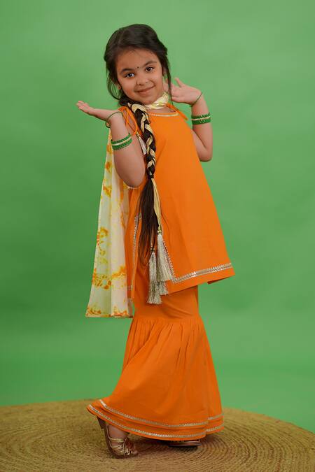 Tiber Taber_Orange Cotton Tassels, Gota Patti Embroidered Kurta Sharara Set _Online_at_Aza_Fashions