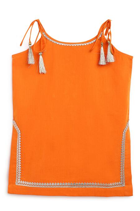Buy_Tiber Taber_Orange Cotton Tassels, Gota Patti Embroidered Kurta Sharara Set _Online_at_Aza_Fashions