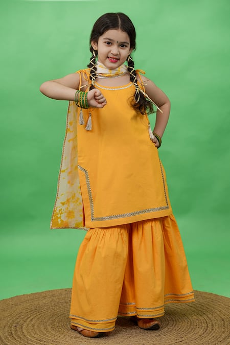 Tiber Taber_Yellow Cotton Gota Patti Embroidered Kurta Sharara Set _Online_at_Aza_Fashions