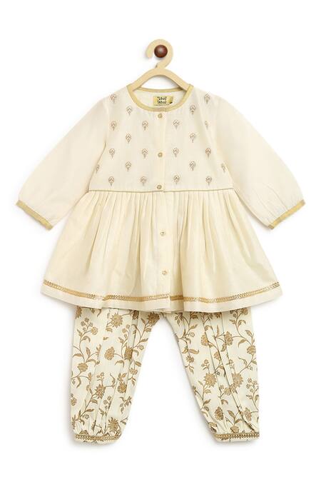 Tiber Taber_Cream Silk, , Satin Zari Chanderi Peplum Kurta Set _Online_at_Aza_Fashions