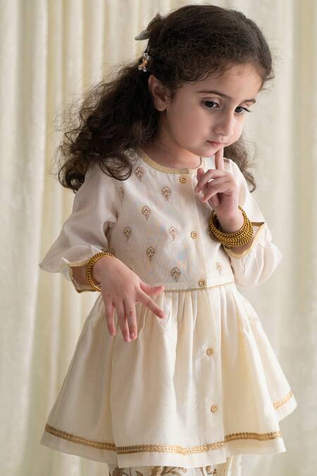 Buy_Tiber Taber_Cream Silk, , Satin Zari Chanderi Peplum Kurta Set _Online_at_Aza_Fashions