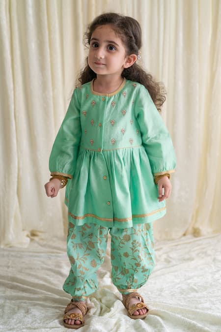 Buy_Tiber Taber_Green Silk, , Satin Zari, Embroidery, Chanderi Peplum Kurta Set _at_Aza_Fashions