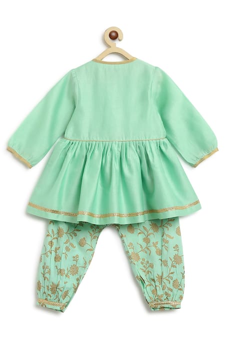 Shop_Tiber Taber_Green Silk, , Satin Zari, Embroidery, Chanderi Peplum Kurta Set _at_Aza_Fashions