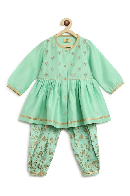Tiber Taber_Green Silk, , Satin Zari, Embroidery, Chanderi Peplum Kurta Set _Online_at_Aza_Fashions