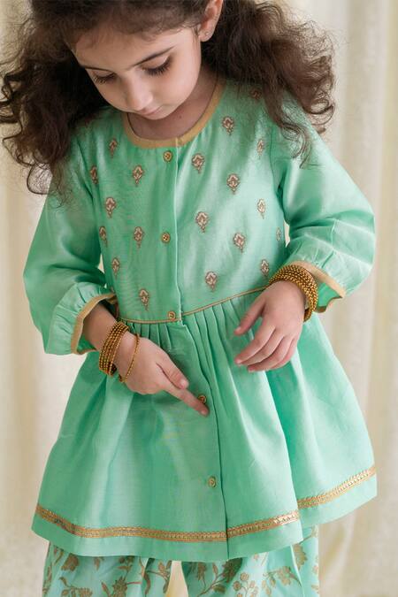 Buy_Tiber Taber_Green Silk, , Satin Zari, Embroidery, Chanderi Peplum Kurta Set _Online_at_Aza_Fashions