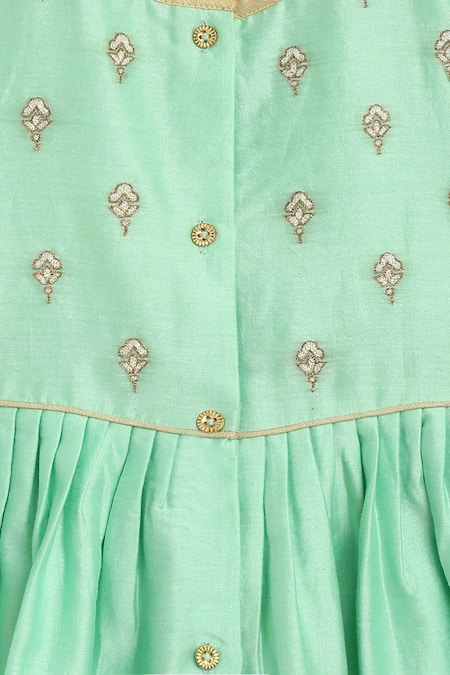 Tiber Taber_Green Silk, , Satin Zari, Embroidery, Chanderi Peplum Kurta Set _at_Aza_Fashions