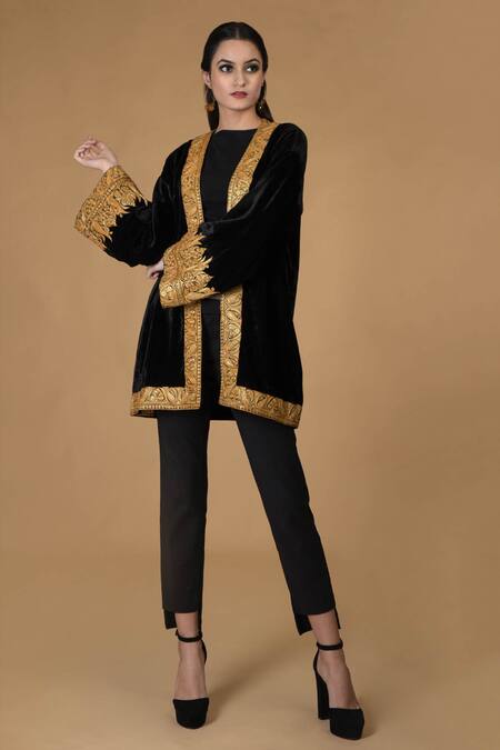 Talking Threads_Black Velvet Embroidered Jacket_Online_at_Aza_Fashions
