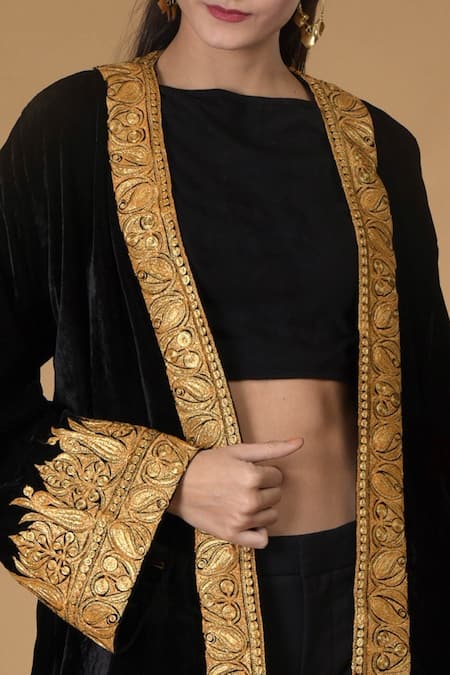 Shop_Talking Threads_Black Velvet Embroidered Jacket_Online_at_Aza_Fashions