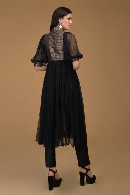 Shop Talking Threads Black Silk Brocade High Neck Flared Anarkali And Pant Set at Aza Fashions Shop_Talking Threads_Black Silk Brocade High Neck Flared Anarkali And Pant Set _at_Aza_Fashions