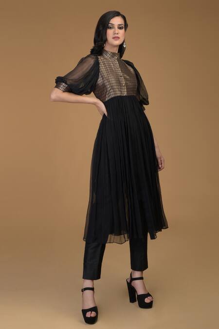 Talking Threads Black Silk Brocade High Neck Flared Anarkali And Pant Set Online at Aza Fashions Talking Threads_Black Silk Brocade High Neck Flared Anarkali And Pant Set _Online_at_Aza_Fashions