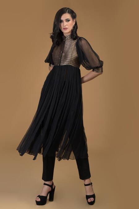 Buy Talking Threads Black Silk Brocade High Neck Flared Anarkali And Pant Set Online at Aza Fashions Buy_Talking Threads_Black Silk Brocade High Neck Flared Anarkali And Pant Set _Online_at_Aza_Fashions